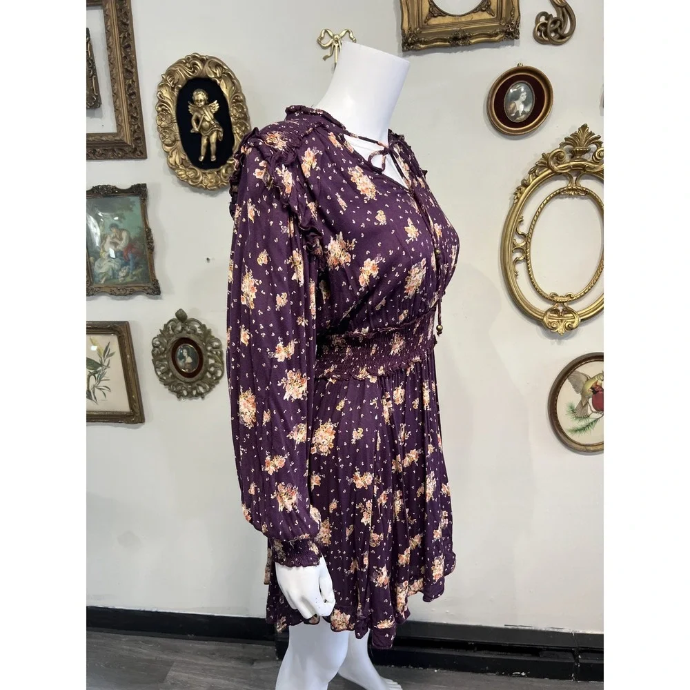 Angie Purple Floral Print Long Sleeve Smocked Waist Ruffle Mini Dress Size M